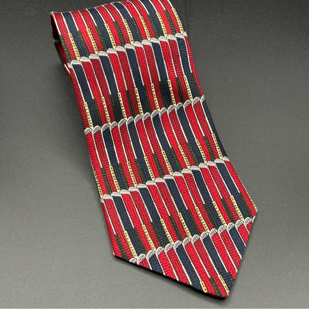 Crooks & Creed London Silk Tie – Red & Navy Golf Club Pattern, Handmade, EUC